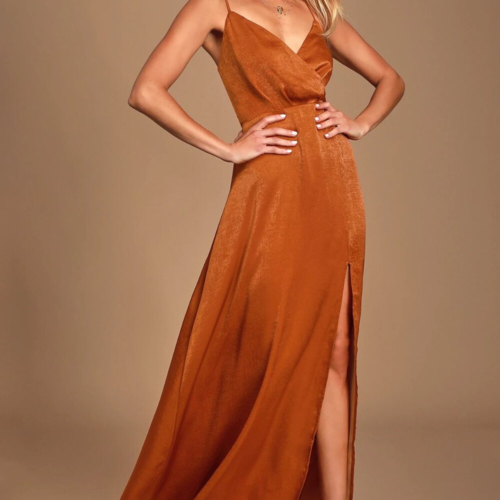 Lulus Constantine Rust Orange Satin Maxi Dress